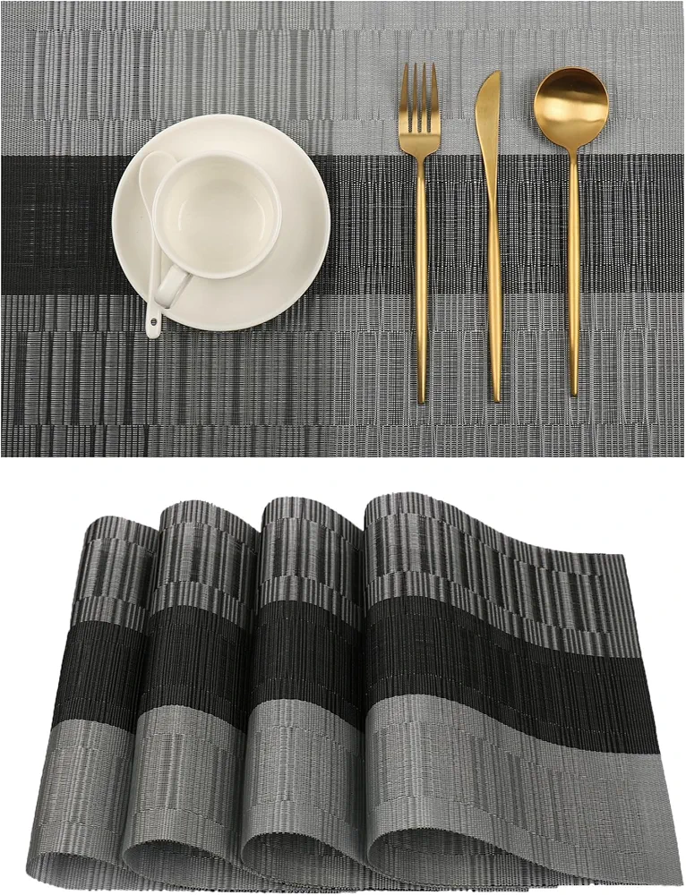 Placemats Set of 6 Woven Vinyl Washable Placemats Heat Resistant Placemats Stain Resistant Non-Slip PVC Kitchen Placemats for Dining Table(Black)