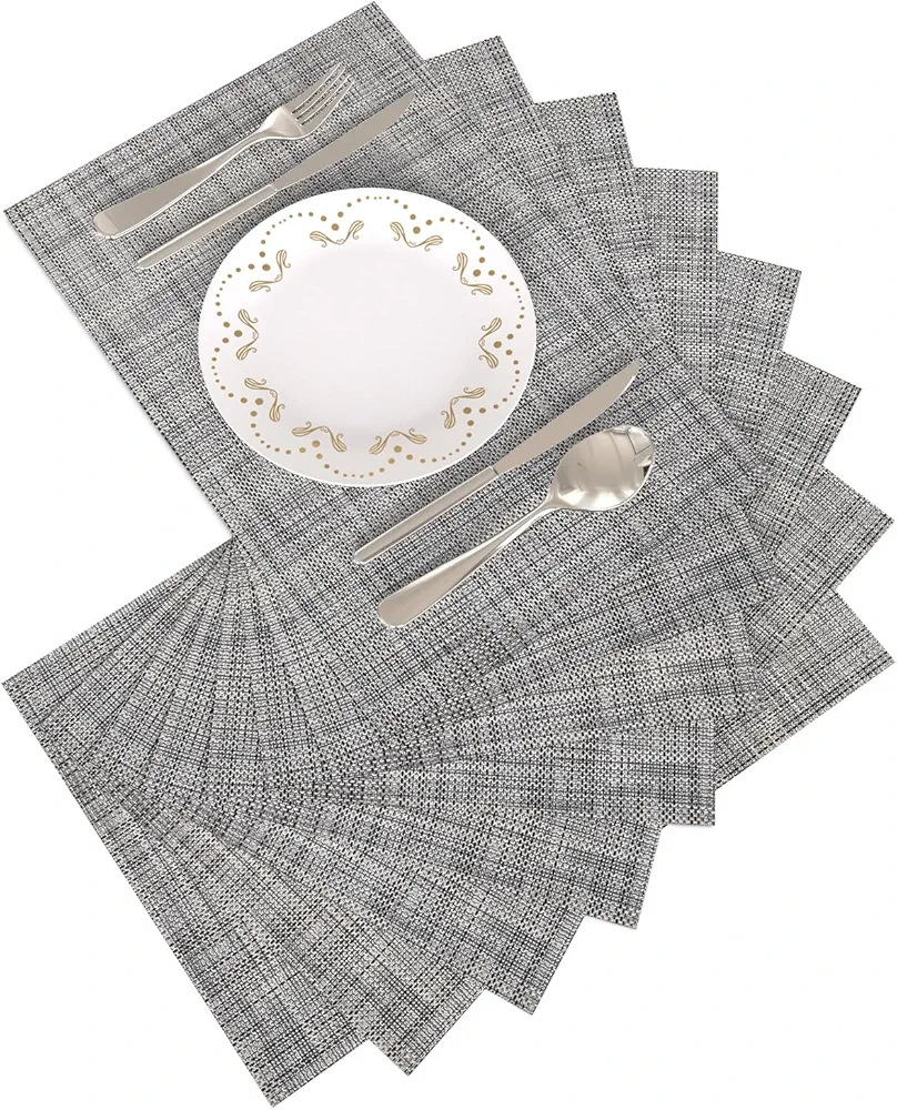 Placemats Table Mats Set of 8 Washable Indoor/Outdoor Woven Vinyl Plcamats Heat-Resistant Non-Slip Placemat for Kitchen Dining Table (12x18 Inches, Black-Gray)