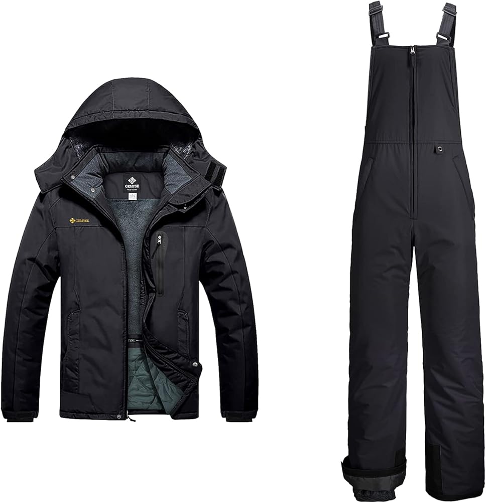 GEMYSE Mountain Waterproof Ski Snow Jacket Winter Windproof Rain Jacket+Bibs (Black,Large)