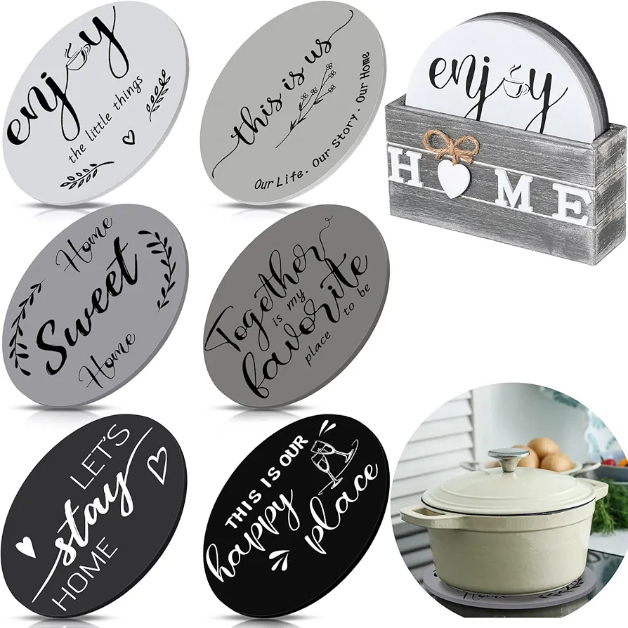 Queekay 7" Wooden Trivets for Hot Dishes Pots and Pans, 6 Farmhouse Pot Pads with Holder Heat Resistant Mats Housewarming Gift for Thanksgiving Christmas Table Countertop Decoration(Gradient Gray)