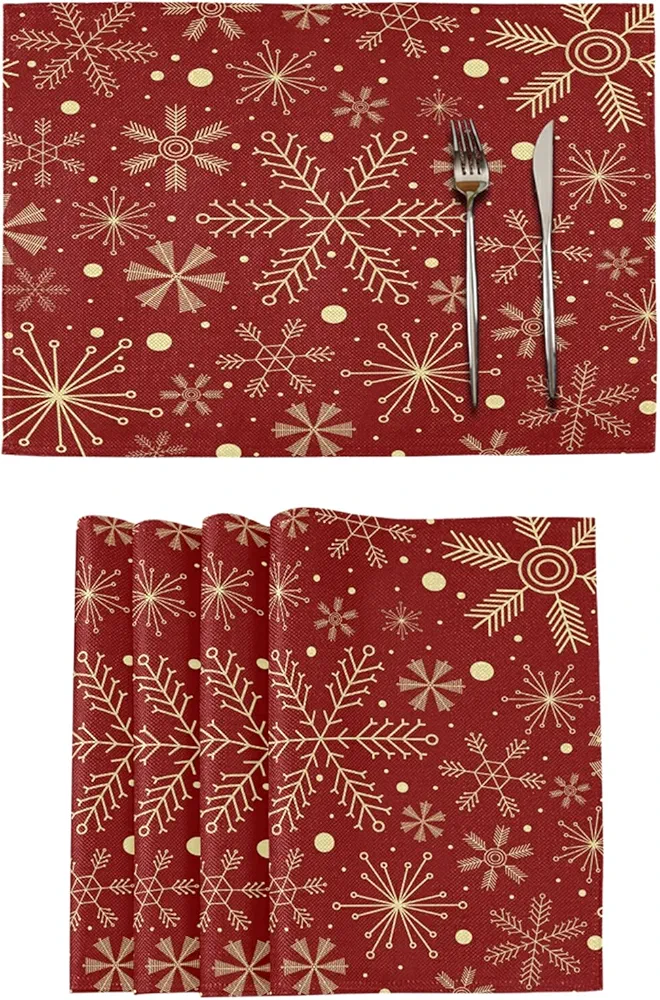Christmas Snowflakes On Dark Red Placemats Set of 6 Washable Non-Slip Burlap Table Mats Heat Resistant Place Mats for Home Kitchen Dining Party 12 X 18 in