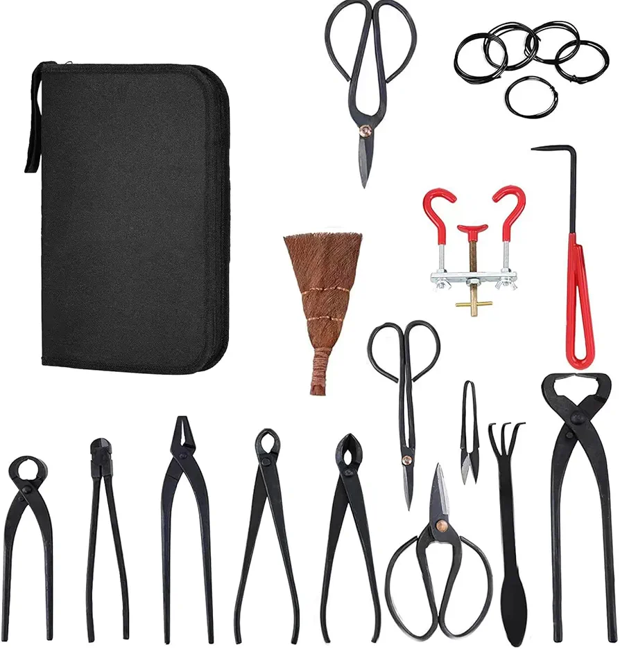 14-Piece Bonsai Tree Kit, Bonsai Tool Set, Bonsai Starter Kit, Carbon Steel Scissors Cutter Shears, Perfect Gardening Trimming Pruning Tools Jin Pliers, Rake with Spatula