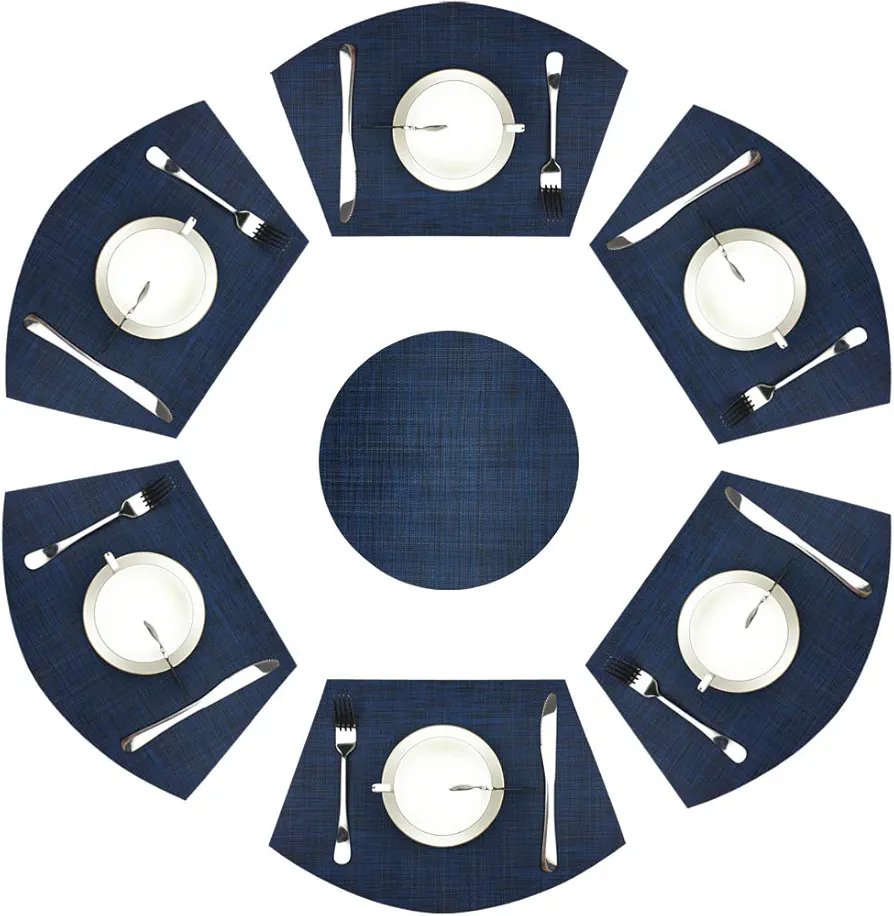 Wedge Placemats,Set of 7 Vinyl Placemats for Round Tables Woven Non-Slip Heat-Resistant Easy to Clean Wipeable Washable Dinner Table Mats（Navy Blue）