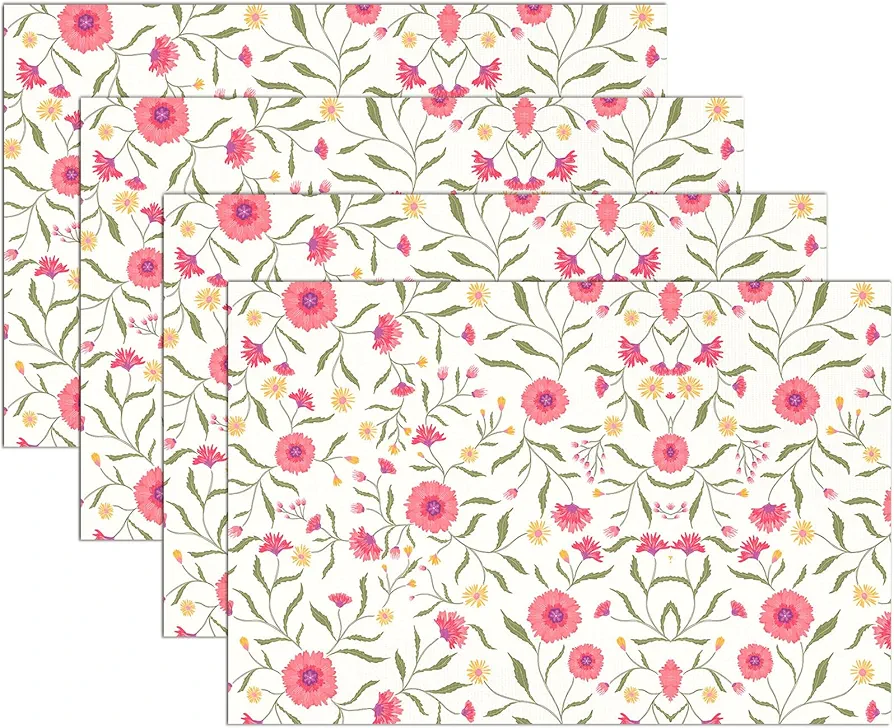 Placemats, Table Mats Set of 4, Heat Resistant Place Mats,Non Slip Washable PVC Vinyl Placemat, for Kitchen Table Outdoor Indoor Decoration - 12x18 Inch, Little Red Flower