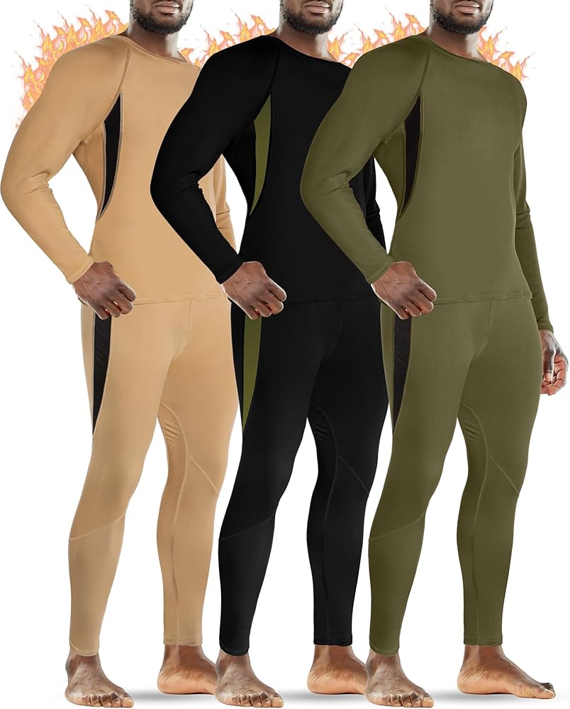 Patelai 3 Sets Men's Thermal Underwear Set Fleece Lined Base Layer Top Bottom Set Warm Hunting Skiing Gear for Cold Weather