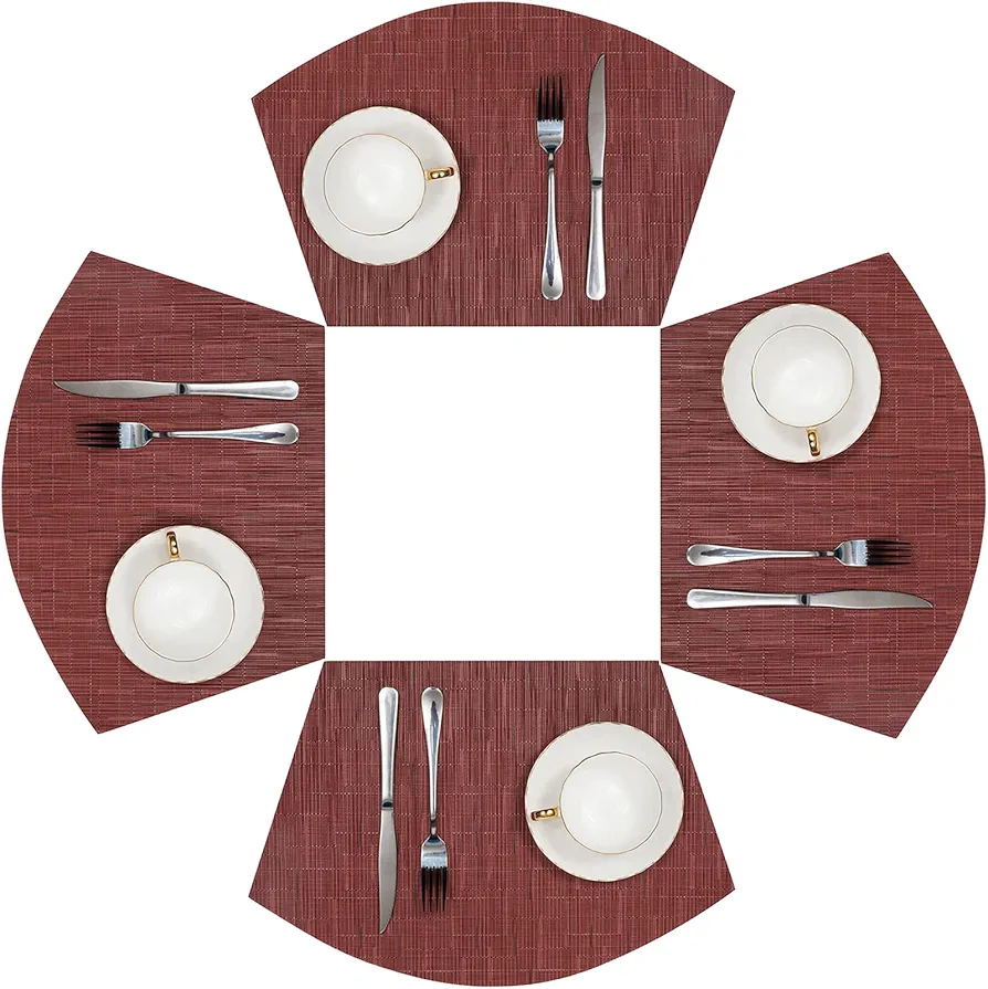 SHACOS Round Table Placemats Set of 4 Wedge Placemats Burgundy Red Heat Resistant Table Mats Wipe Clean (4, Burgundy Red)