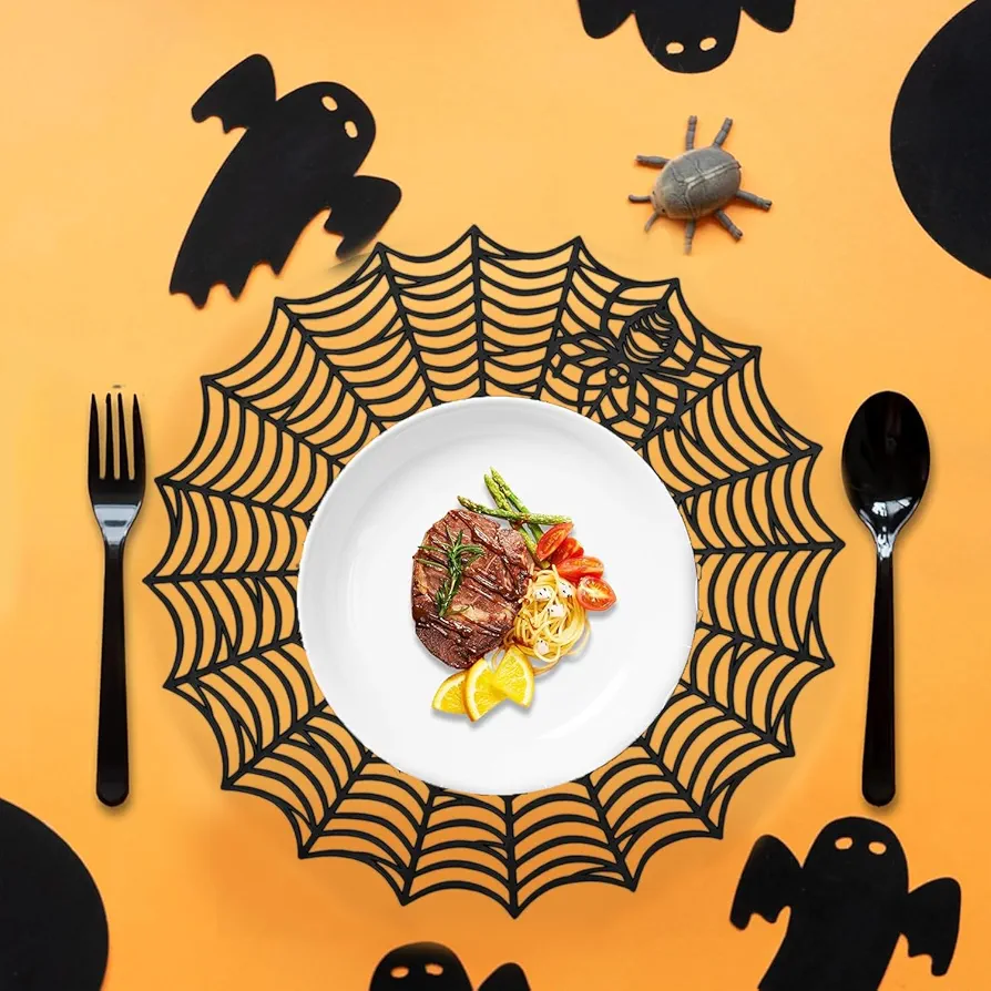 Halloween Spider Web Placemats Set of 4 Round Dining Table Decorations 15x15 Inch Funny Holiday Wipeable Waterproof Non Slip Vinyl Heat Resistant Placemats for Party Kitchen Home
