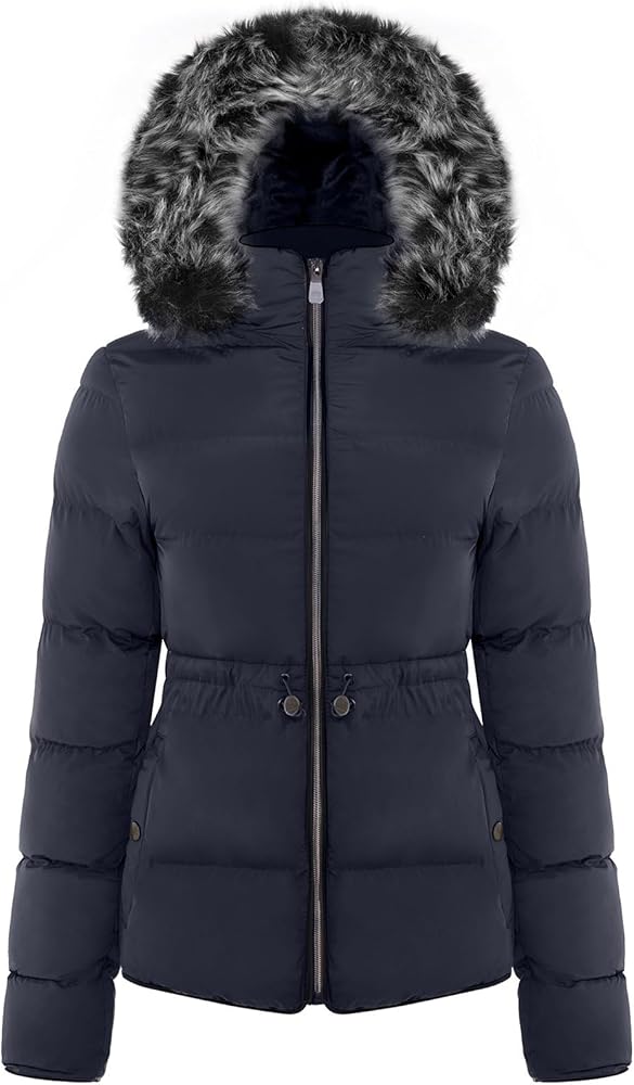 BodiLove Women's Warm Winter Quilted Puffer Short Coat High Collar Jacket with Removable Faux Fur Hood