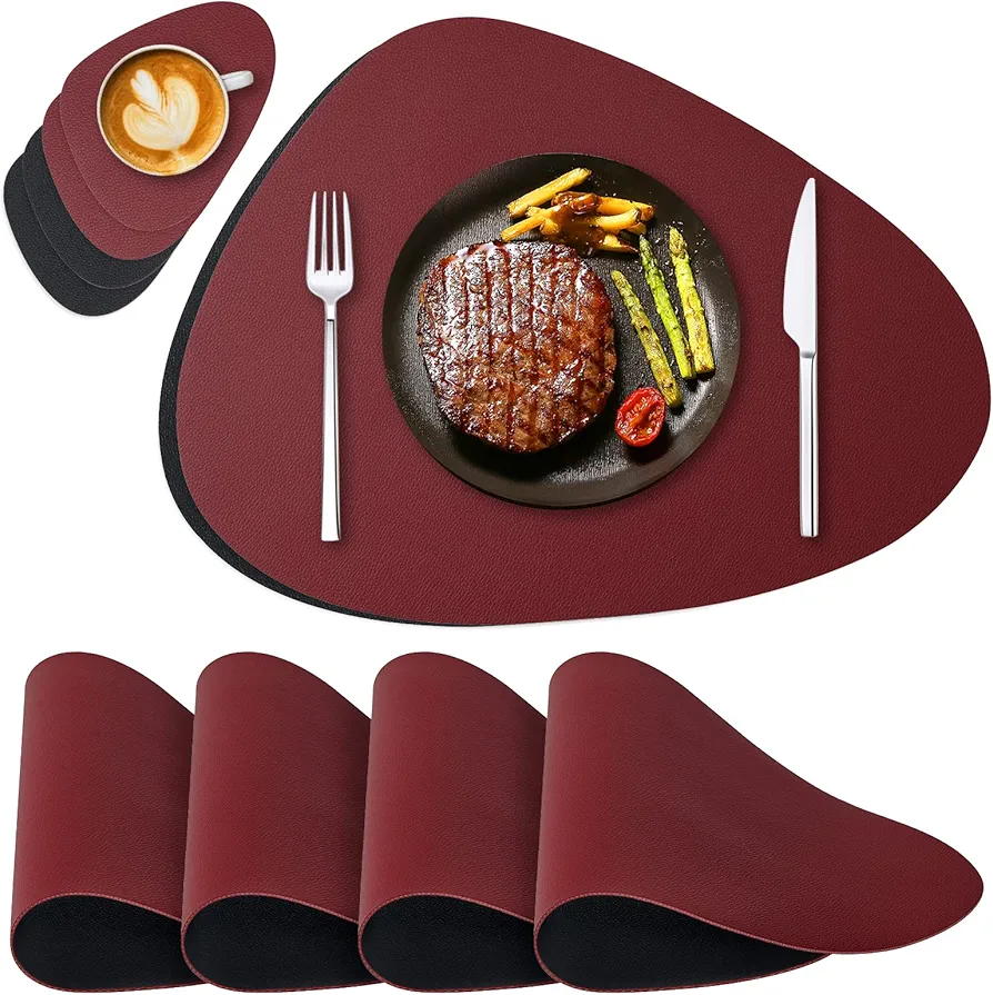 Faux Leather Placemats and Coasters Set of 4, Dual-Sided Round Place Mats for Kitchen Dining Patio Table, Washable Oval Modern Table Mates, Non-Slip Heat Resistant Coffee Mates, Red Black Placemats