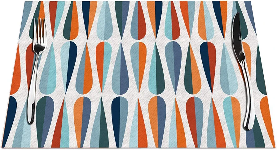 Mid Century Placemats Set of 4, Mid Century Drop Shapes in Tones Modern Retro Style Placemats Heat Resistant for Dining Table Non-Slip 18x12 Inches Pm-005