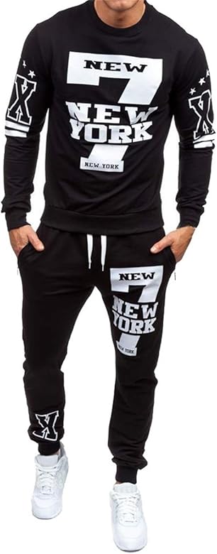 Mens Casual Tracksuit Crewneck Pullover Activewear Graphic New York Printed Jogging Athletic Jacket and Pants Set