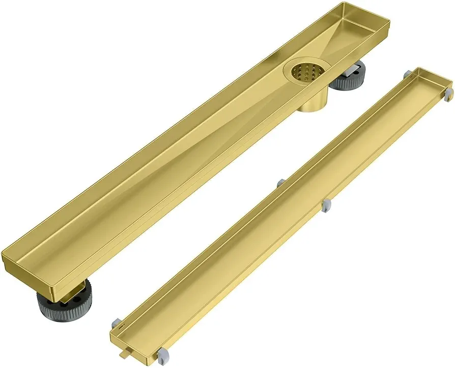 EXF Offset Linear Shower Drain 18 Inch Brushed Gold with Reversible Tile in Cover, Stainless Steel Rectangle Shower Floor Drain with Hair Catcher, Adjustable Feet