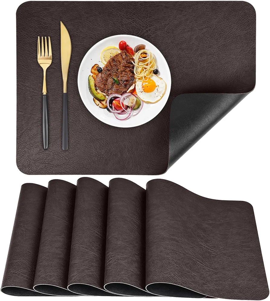 Faux Leather Placemats Set of 6 Table Mats Heat Resistant Christmas Place Mats, Waterproof Wipeable Dining Table Place mats for Home Party Outdoor (Brown/Black, 6)