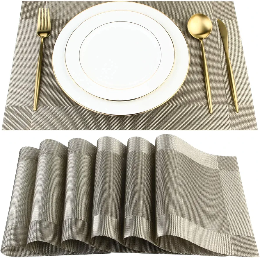 DACHUI Placemats, Heat-Resistant Placemats Stain Resistant Anti-Skid Washable PVC Table Mats Woven Vinyl Placemats (6pcs, Coffee-Cross)