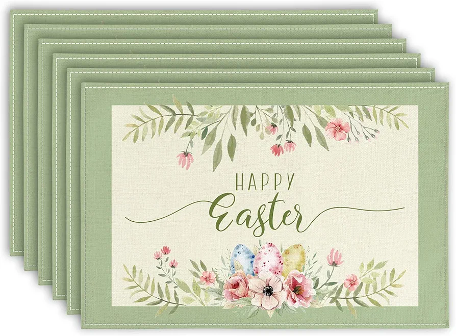 AnyDesign 6Pcs Easter Burlap Placemats Happy Easter Table Mats Waterproof Easter Egg Flower Placemat 12 x 18 Inch Heat Resistant Table Mats for Easter Party Home Kitchen Decor Supplies