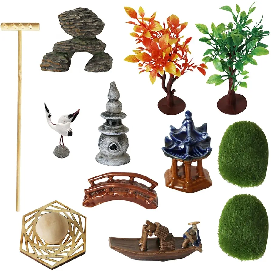 Japanese Zen Garden Accessories Kit - Japan Miniature Fairy Garden Set for Micro Landscape Terrarium Decoration Tabletop Meditation Rock Zen Gifts Zen Tool Rake Pagoda Stamp Bonsai Tress