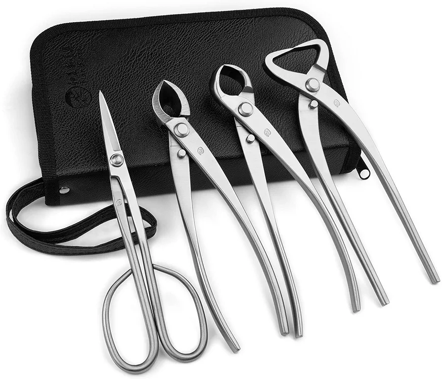 TianBonsai 4-PCS Bonsai Tool Set Including Concave Cutter Straight Edge Cutter Trunk Splitter And Bonsai Scissors Equip With Tool Bag