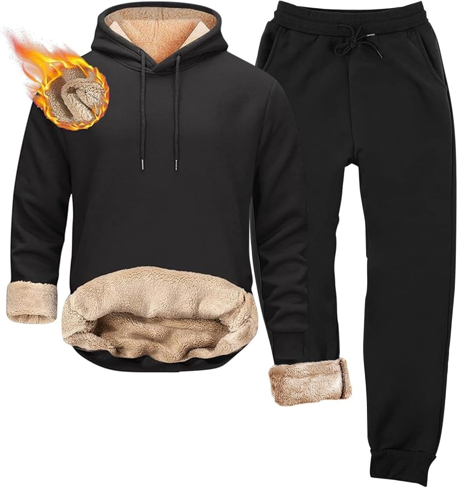 Mens Fleece Sherpa Lined Tracksuit 2 Piece Warm Hoodie Sweatshirts Sweatpants Suit Set Casual Trendy Winter Pullover