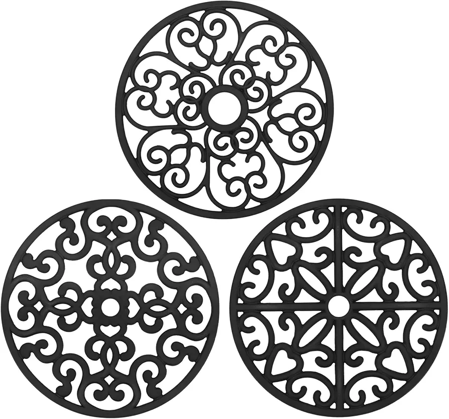CHEFBEE 3PCS Silicone Trivet Mat - Trivets for Hot Dishes, Table, Countertop, Non-Slip Heat Resistant Modern Kitchen Trivets, Teapot Trivet - Flexible Black Trivet Set