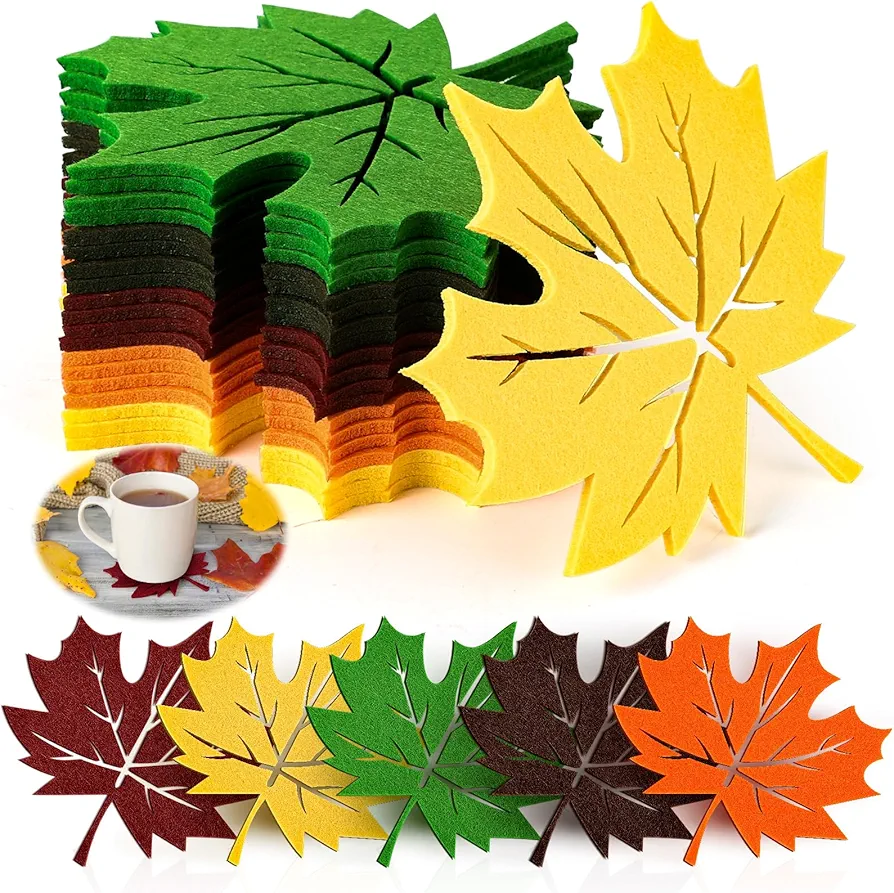 20 Pcs Fall Maple Leaf Coaster Thanksgiving Harvest Maple Leaf Shaped Coaster Felt Non-Slip Heat Resistant Table Mats Coasters Cup Mats for Autumn Fall Home Decorations