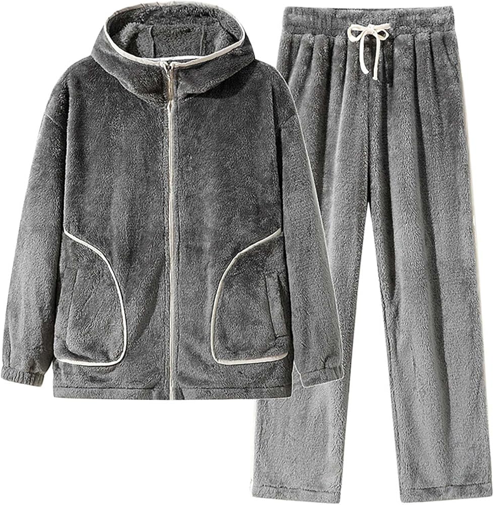 Mens Fuzzy Pajama Sets 2 Piece Winter Warm Fleece Zipper Hoodies and Pajama Bottoms Suits Soft Comfy Loungewear Pjs