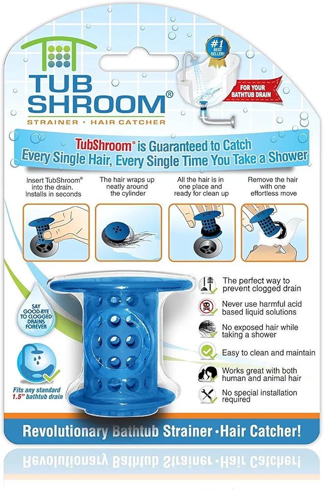TubShroom Revolutionary Tub Drain Protector Hair Catcher/Strainer/Snare, Blue