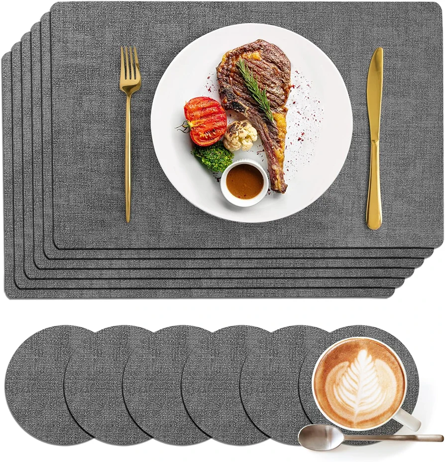 Faux Leather Table Placemats Set of 6,Stain & Heat Resistant Place Mats for Kitchen Dining Table,Table Mats Size 18"x 12" with Free Drink Coasters,Placemats for Indoor & Outdoor Use (Dark Grey)