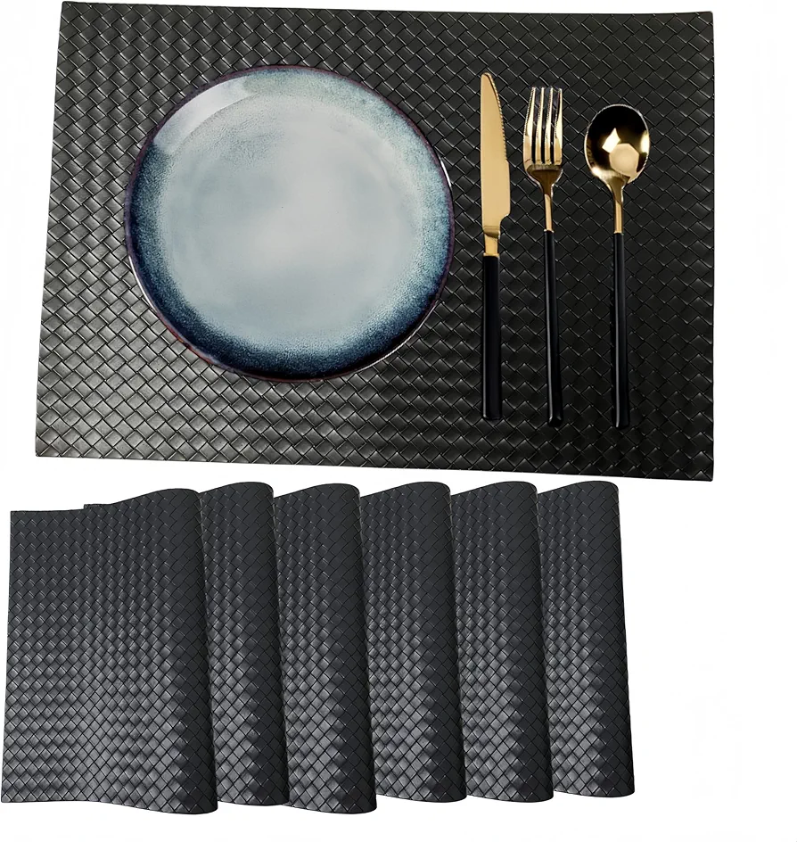 Placemats Set of 6 Woven Faux Leather Place Mats for Kitchen Dining Table Washable Wipeable Heat Resistant Placemats Waterproof Pads for Indoor & Outdoor (Black)