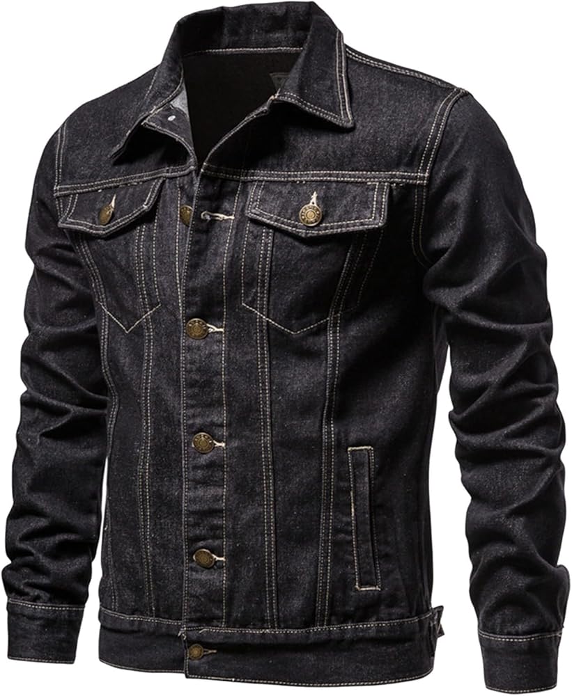Mens Loose Multi-Pocket Long Sleeve Lapel Denim Jacket Mens Fashion Trucker Jacket