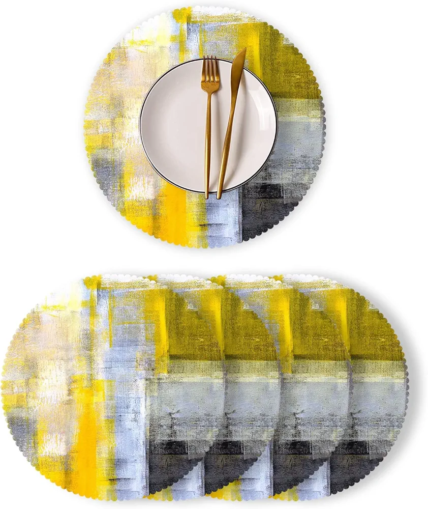 Round Placemats Set of 4 Pack Polyester Table Placemats Christmas Placemats Heat Resistant Placemats for Kitchen Dining Table Decoration Yellow Gray Abstract Art