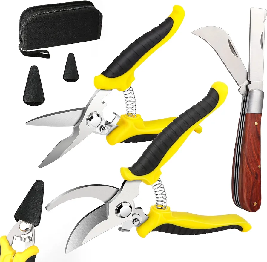 3 Packs Garden Pruning Shears Set, Double Blades Grafting knife, Heavy Duty Garden Bypass Pruning Shears, Tree Trimmers Secateurs Handheld Scissors Set for Cutting Flowers Trimming Plants Bonsai