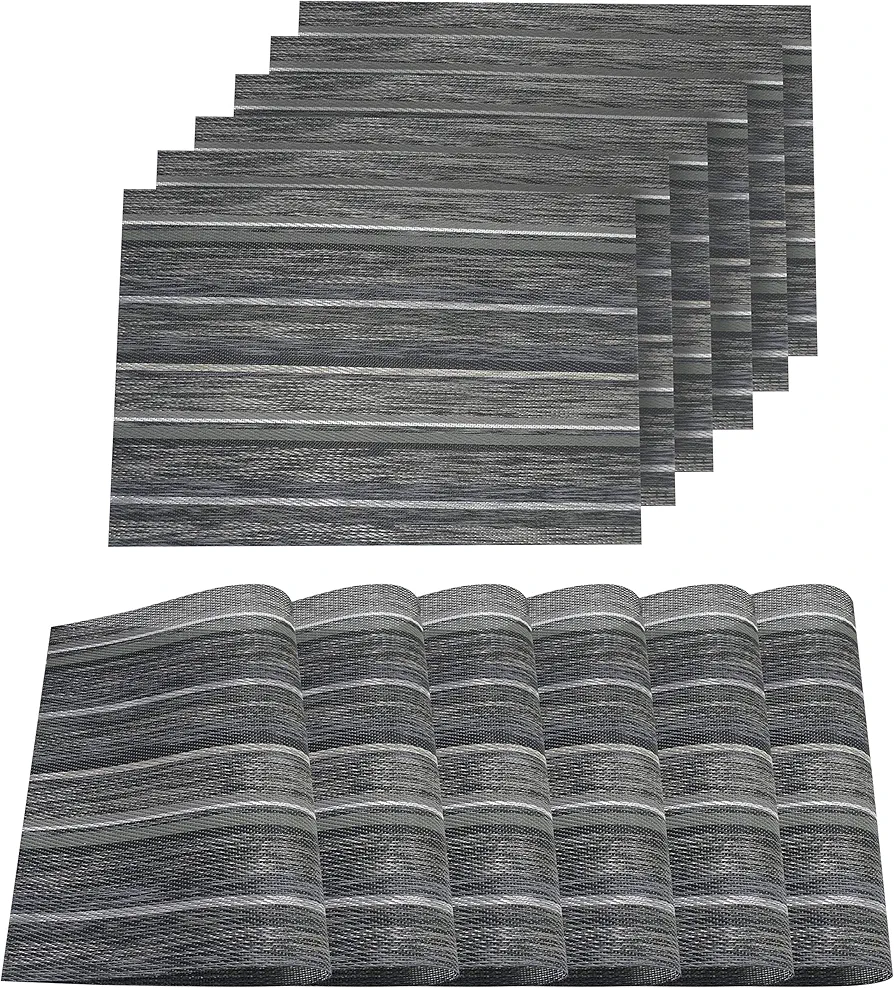 Dainty Home 6MS1319MSI Multistripe Woven Textilene Waterproof, Heat & Stain Resistant Washable Placemat 13x19'' Set of 6, Silver