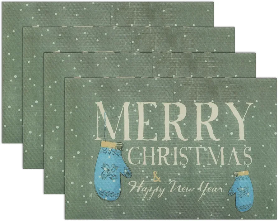 Winknowl Christmas Mitts Snowflake Placemats Set of 4 for Dining Table, 12 x 18 Inch Seasonal Winter Xmas Holiday Washable Table Mats for Party Kitchen Dining Decor (Green)