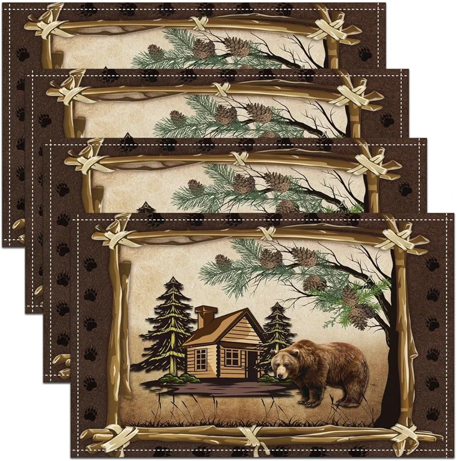 Jungle Wild Bear Placemats for Dining Kitchen,Outdoor Adventure Wooden Cabin Heat Resistant Dining Table Place Mat,Retro Farmhouse Style Bear Wildlife Paw Print Waterproof Place Mats 12x18 Set of 4