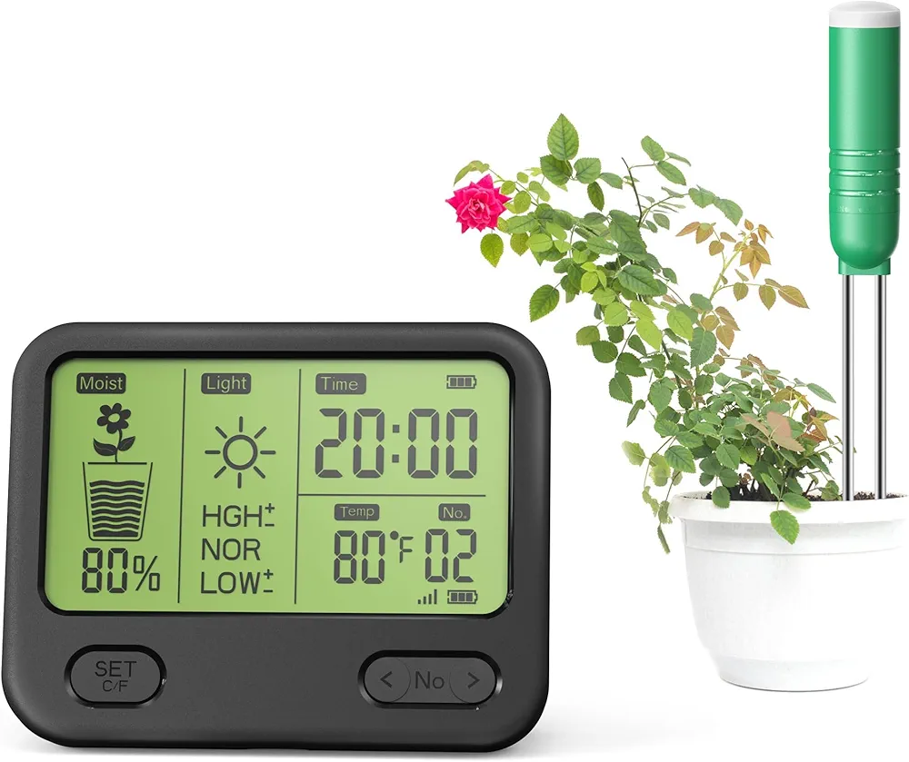 Soil Moisture Meter for Plants with LCD Display,4-in-1 200ft Wireless Soil Tester for Moisture/Temperature/Sunlight/Time,Test kit for Outdoor/Indoor Potted,Plants,Garden,Lawn,Gardening Gifts