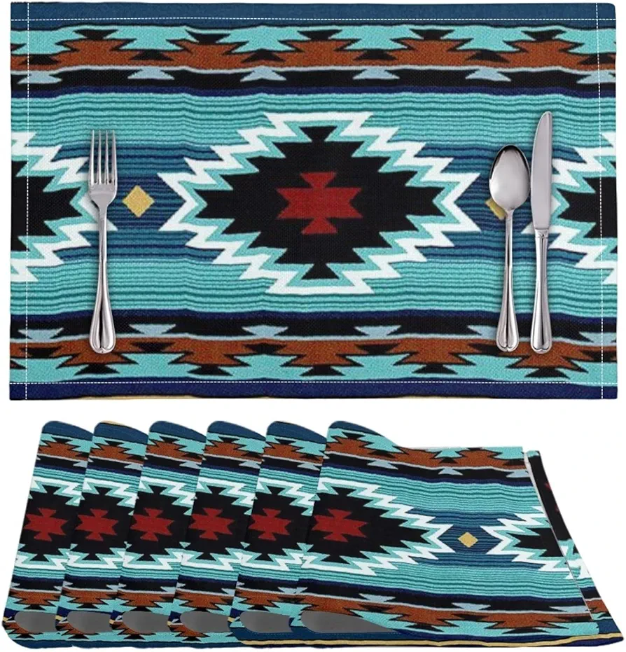 ZFRXIGN Southwetsern Place Mats Heat Resistant Placemats Set of 6 Pack Kitchen Dining Table Washable Table Protectors Table Accessories Tribal Aztec Western Blue