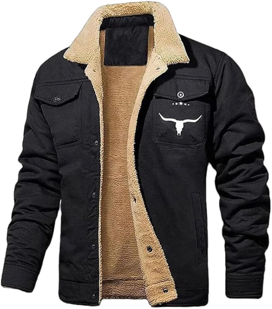 HOTYD Mens Fleece Lined Cargo Jackets Winter Warm Thick Lapel Coats Retro Western Cowboy Jacket Casual Trucker Jackets