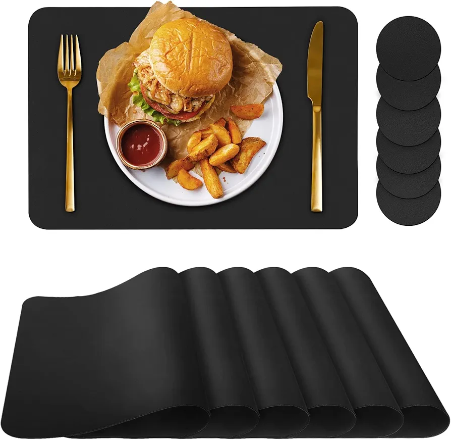 Placemats Set of 6 Placemat with Coasters Heat Stain Scratch Resistant Non-Slip Waterproof Oil-Proof Washable Wipeable Outdoor Indoor for Dining Patio Table Kitchen Decor and Kids（Black 6）