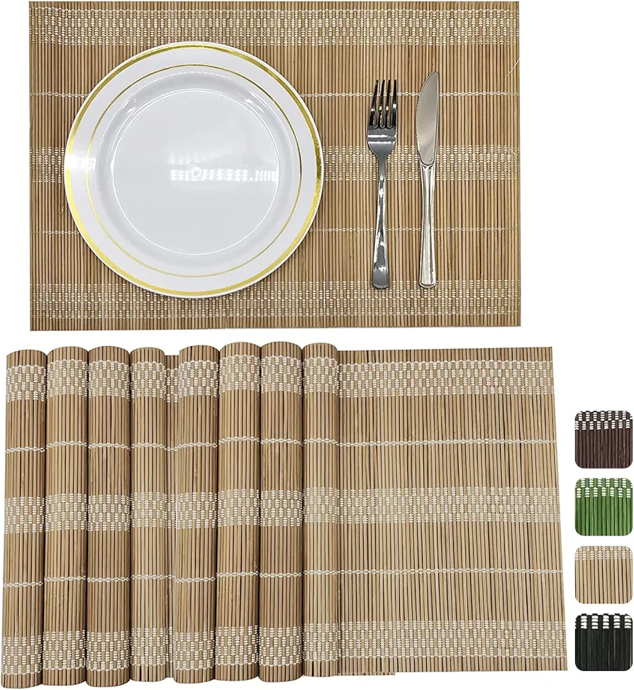 ANDSTAR Set of 8 Pcs Bamboo Placemats Natural Anti-Slip Bamboo Placemats Washable Heat-Resistant Table Mats for Dining Room and Kitchen（Brown+White）