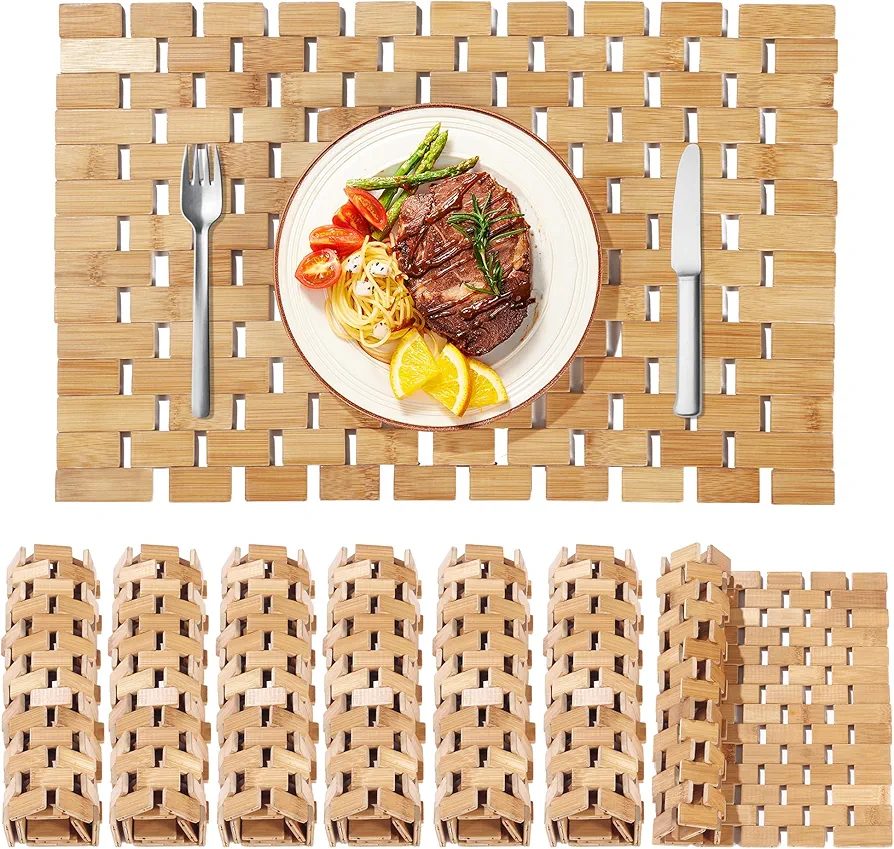 MABOZOO Bamboo Placemats,Thick Farmhouse Rolling Place Mat for Table Protection,Anti-Slip and Heat-Resistant Table Mat for Kitchen, Dinning Room (6 Pcs)