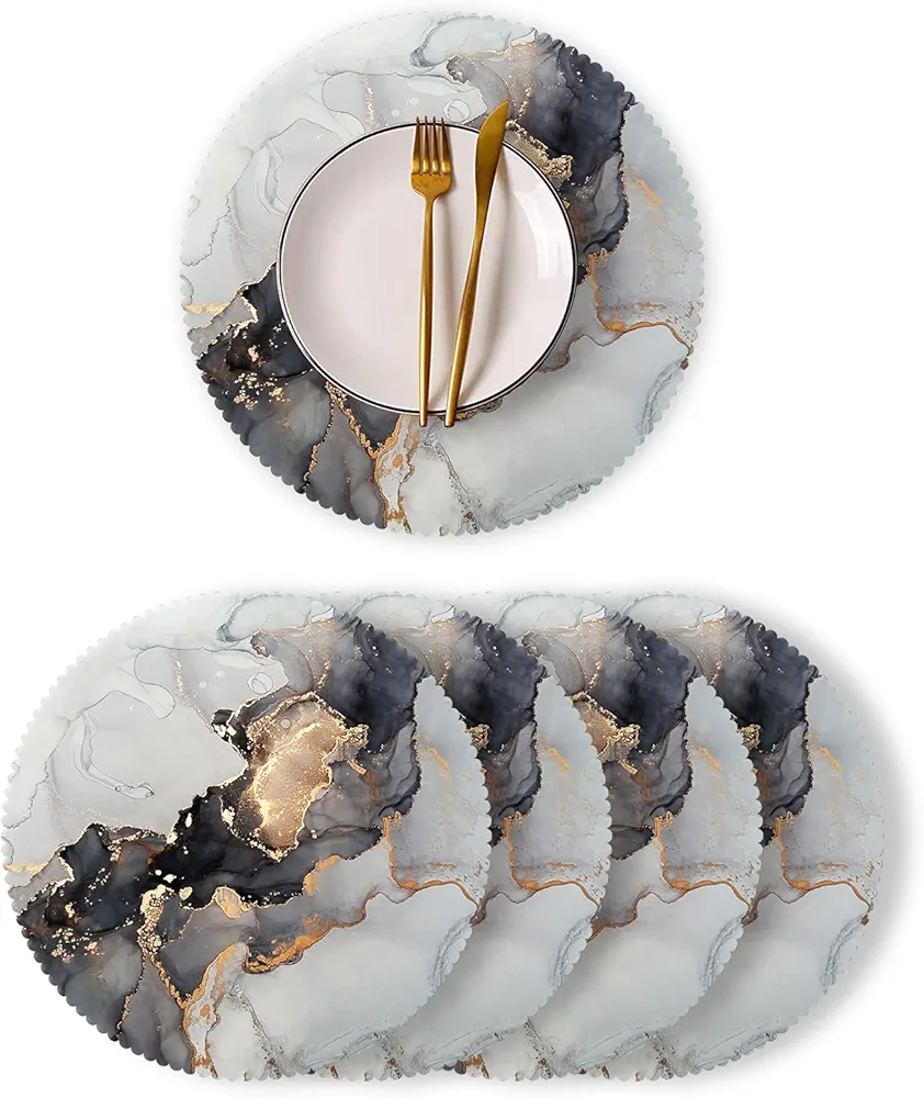 Round Placemats Set of 4 Pack Polyester Table Placemats Christmas Placemats Heat Resistant Placemats for Kitchen Dining Table Decoration Grey Marble