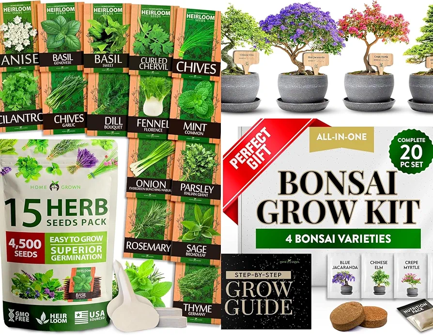 HOME GROWN 15 Culinary Herb Seeds - Heirloom & HOME GROWN Bonsai Tree Kit – Easy to Grow 4 Species of Bonsai