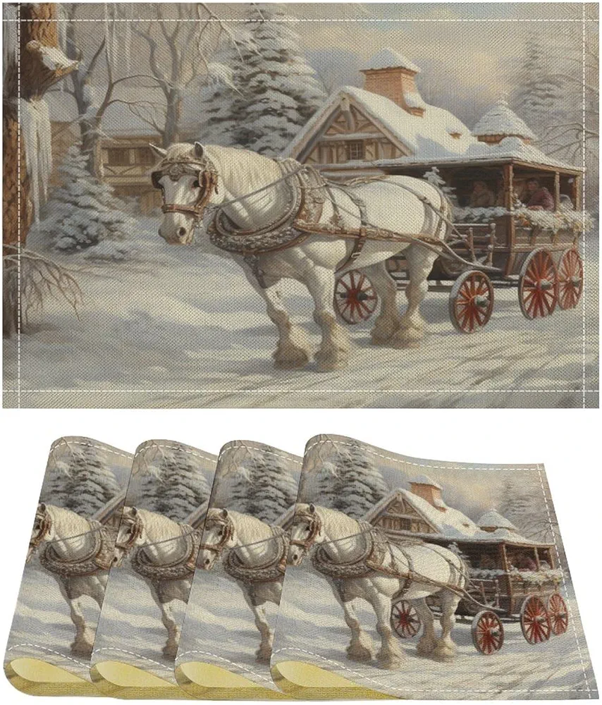 Placemat Set of 4, Winter Snow Horse Cotton Linen Pad Placemat Christmas Horses Kitchen Table Mats Heat-Resistant Tablemats Home Dinner Party Kitchen Winter New Year Holiday Decor