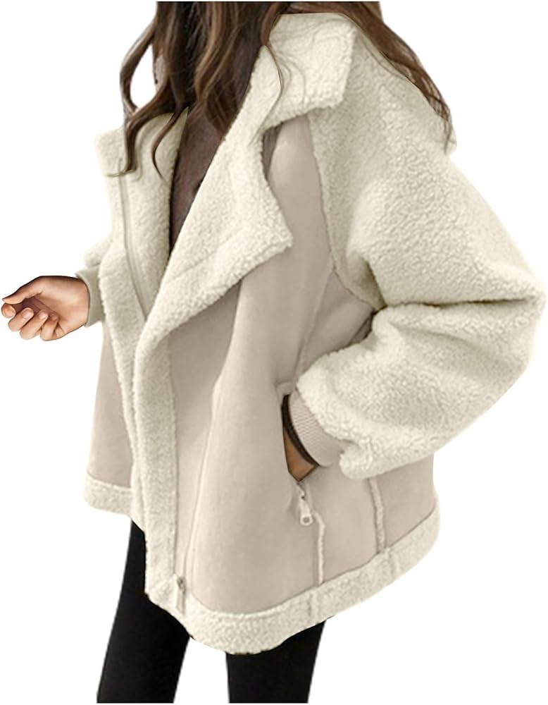 ChicCrate Womens Jacket Warm Fleece Teddy Fuzzy Wool Biker Fur Jackets Coats Loose Sherpa Outerwear Cardigan