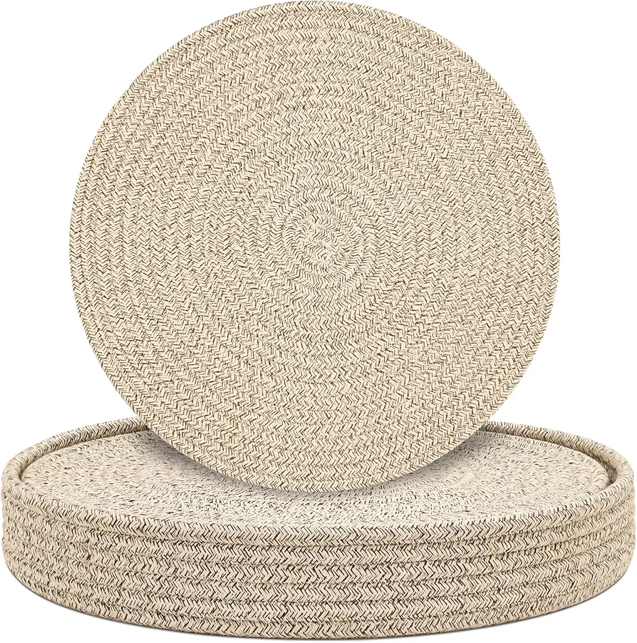 Round Placemats Set of 6 with Holder, Cotton Rope Woven Place Mats, Hot Pads for Kitchen, Heat Resistant Table Mats, 13 Inch Farmhouse Washable Braided Placemat for Kitchen Decor (Brown)