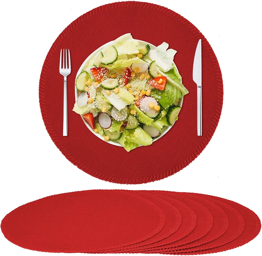 Cloth Round Placemats Set of 8,Rustic Linen Type Fabric Placemats Machine Washable Placemats Heat Resistant Placemats Wrinkle Free Thick Polyester Kitchen Place Mats for Dining Table(Red