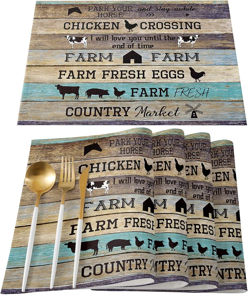 Farmhouse Animals Placemats Set of 6, Cotton Linen Heat Resistant Table Mats Non-Slip Washable Farm Barn Animal Cow Pig Horse Retro Wooden Placemat for Holiday Banquet Dining Table Kitchen Decor