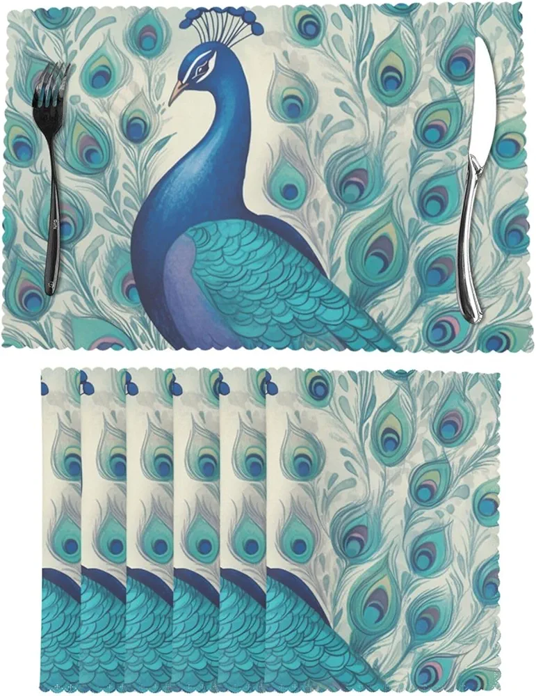 Placemats Set of 6 Washable Placemats for Dining Table 12x18 Inch Heat Resistant Place Mats Cute Peacock Non-Slip Table Mats for Kitchen Weddings Party Decor Indoor/Outdoor