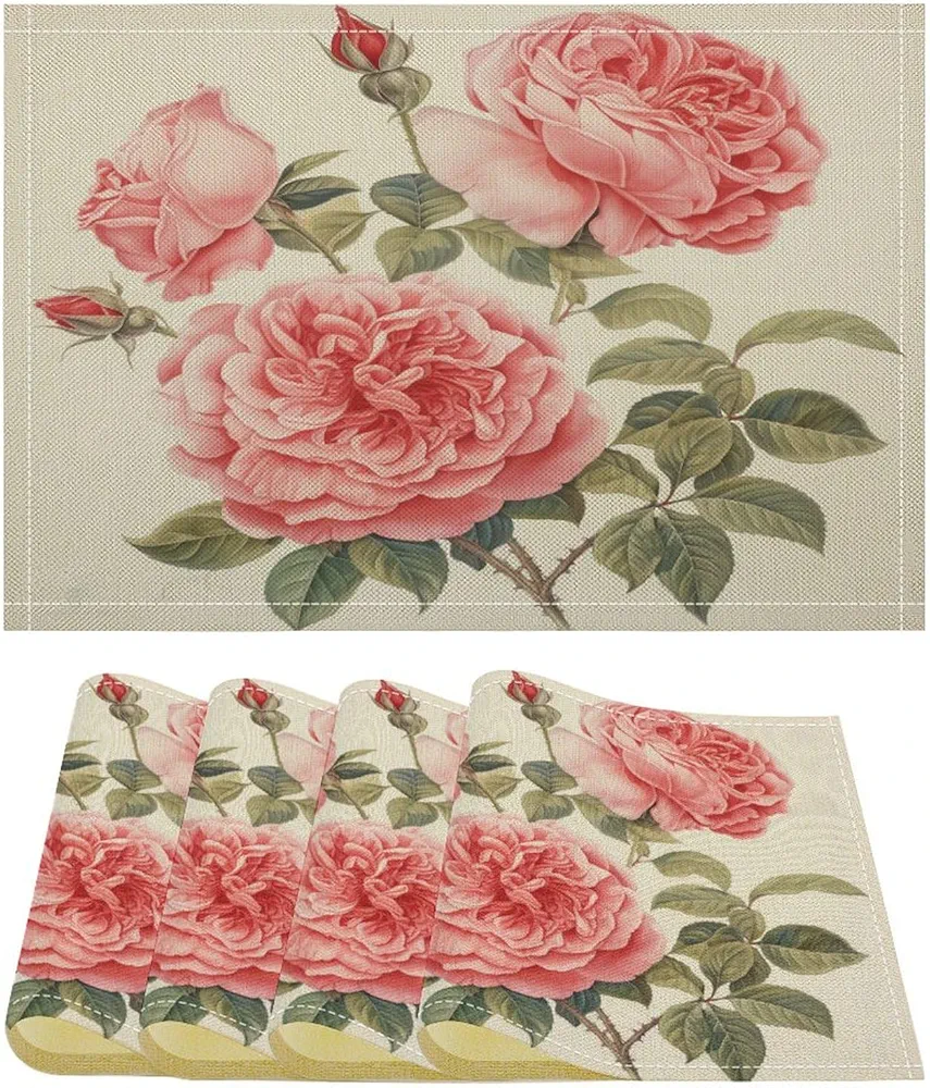 Table Placemats Set of 4, Vintage Roses Cotton Linen Table Mat Vintage Shabby Chic Pink Rose Floral Kitchen Table Mats Heat Resistant Place Mats Home Kitchen Restaurant Party Decoration