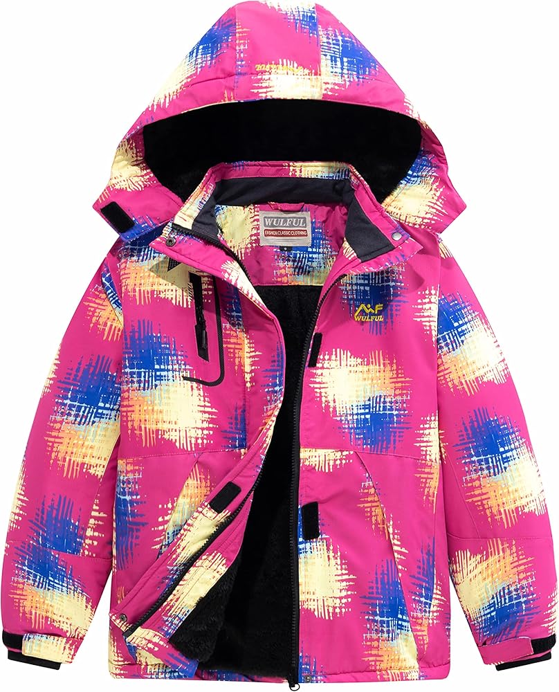 WULFUL Girl's Waterproof Ski Jacket Warm Fleece Hooded Winter Snow Coat